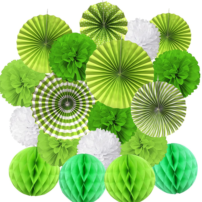 Hanging Paper Fan Set Tissue Paper Pom Poms Flower Fan and Green Honeycomb Balls Decorations 