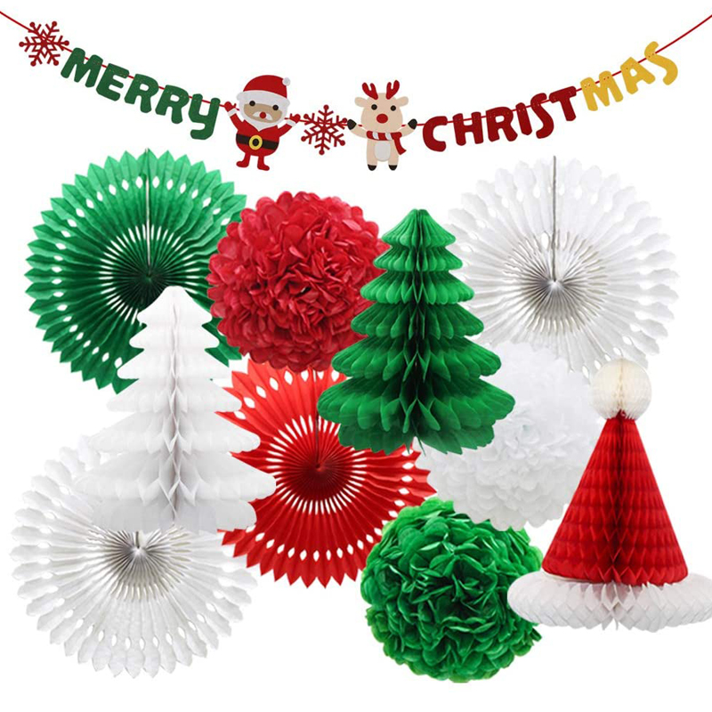 Merry Christmas Banner Party Decorations Christmas Hanging Paper Fans Pom Poms Flowers
