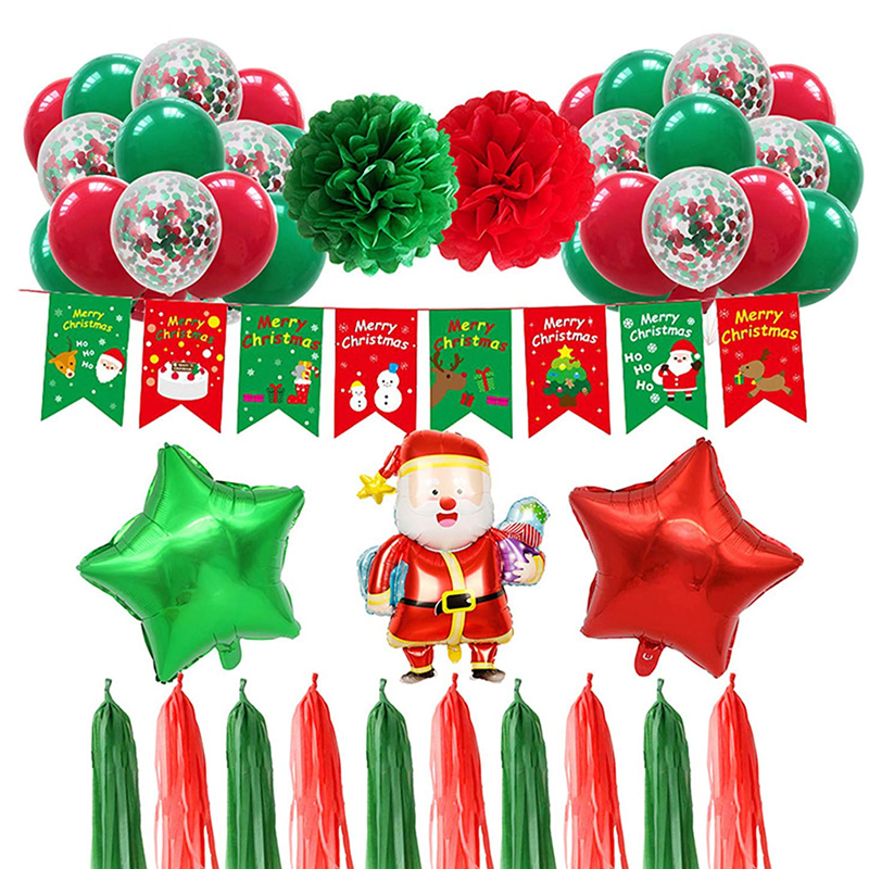Christmas Decoration Balloons Kit Green Red Latex Confetti Balloons and Star Santa Claus Balloon Set