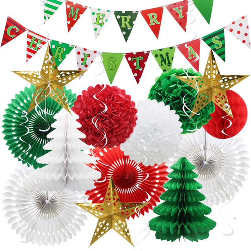 Merry Christmas Pennant Banner Hanging Swirls Star Lanterns Christmas Party Decorations Supplies, China Christmas Party Decorations, Pennant Banner wholesale