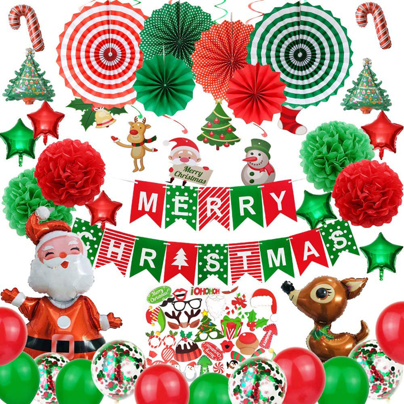 Christmas Decoration Packs Merry Christmas Party Supplies Kits with Paper Fans Balloons Hanging Swirls