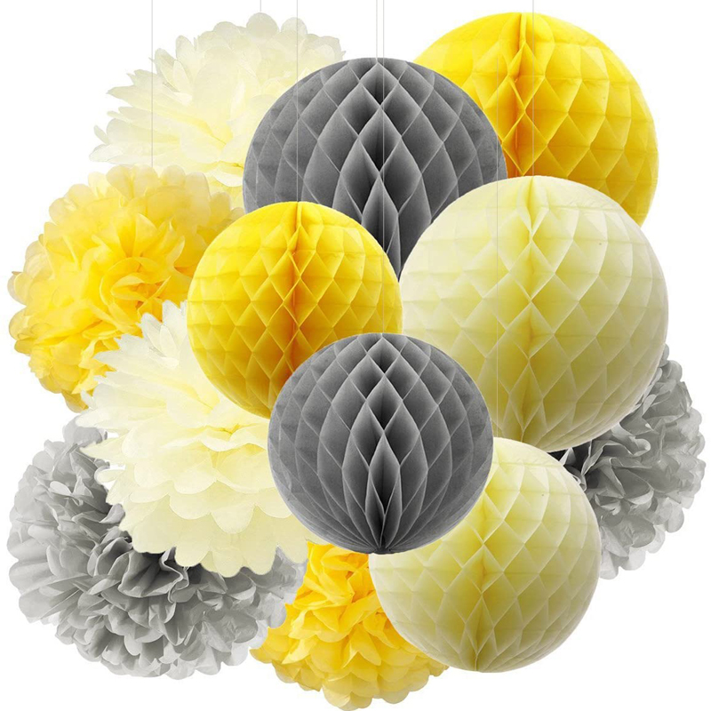 Yellow Grey Cream Tissue Paper Honeycomb Balls for Bridal Shower Birthday Decorations