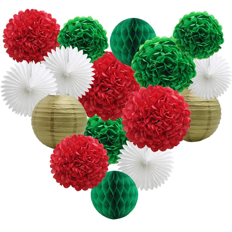 Christmas Decorations Kit Green Red White Honeycomb Balls and Paper Pom Poms Flowers
