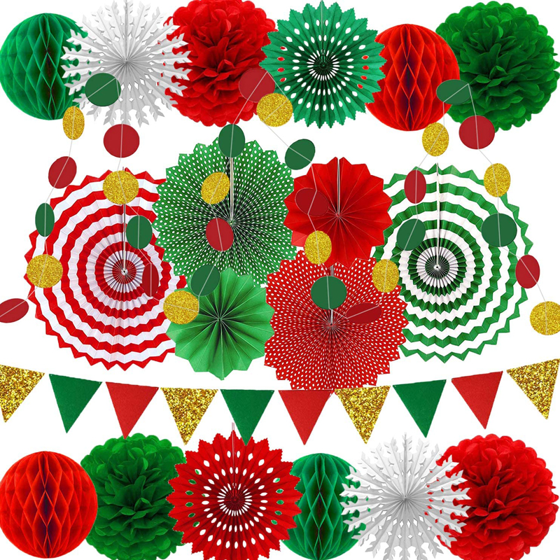 Christmas Party Decorations Paper Fans Garlands Triangle Bunting Flags Honeycomb Ball Party Supplies