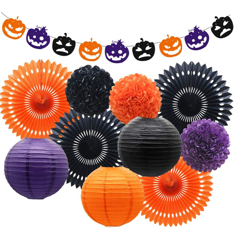 Pumpkin Banner Paper Fans Paper Lanterns Tissue Pom Poms Flowers for Kids Halloween Party Hanging Decorations