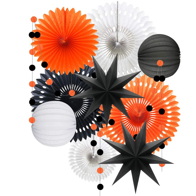 Orange White Black Halloween Hanging Tissue Paper Fans Circle Garland Paper Lanterns Decorations