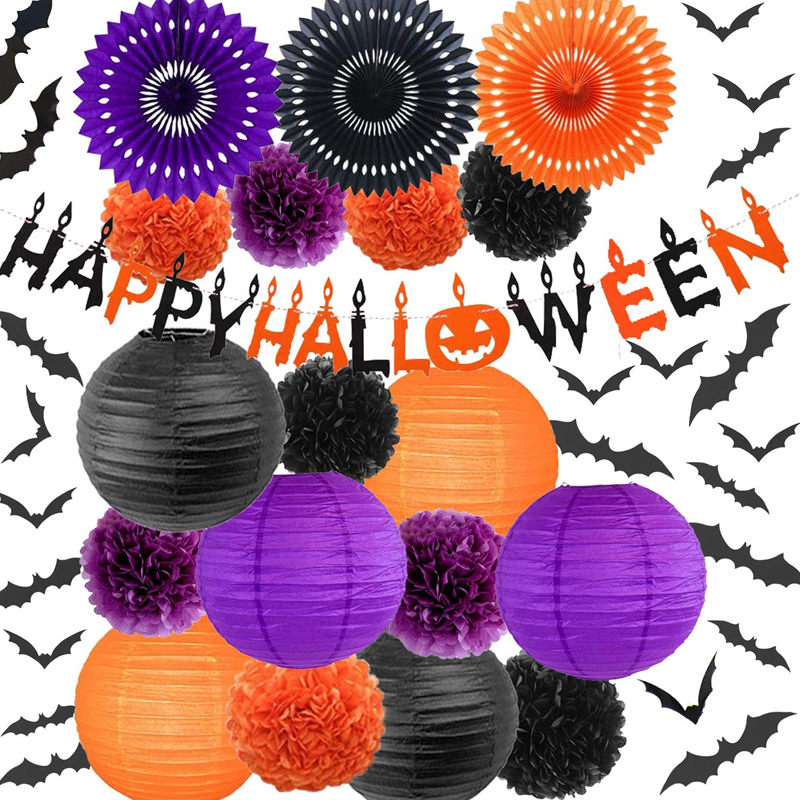Halloween Party Decoration Kit with Paper Lanterns Tissue Paper Fans Circle Garland Tissue Paper Poms