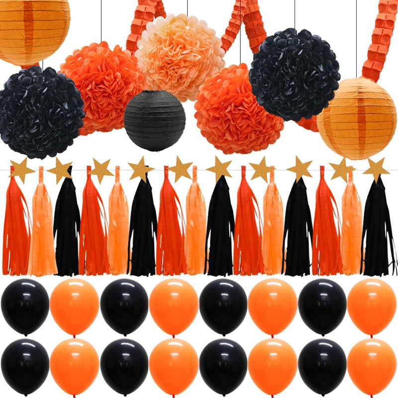 Halloween Decorations Supplies Kit with Paper Lanterns Balloons Tassels Hanging Garland Banner