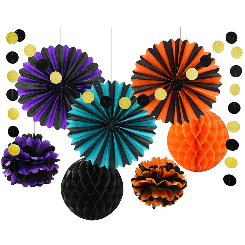 Halloween Party Supplies Tissue Paper Fans Honeycomb Balls Tissue Pom Poms Paper Garland Decorations 