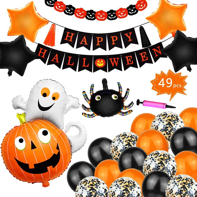 Halloween Party Decoration Set Happy Halloween Banner Kit Star Spider Pumpkin Ghost Inflatable Foil Balloon