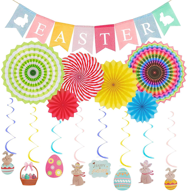 Hanging Paper Fans and Swirls Easter Party Decorations Banner Set Multi-Colored Easter Burlap Banner , China Easter Hanging Decorations, Party Decorations wholesale