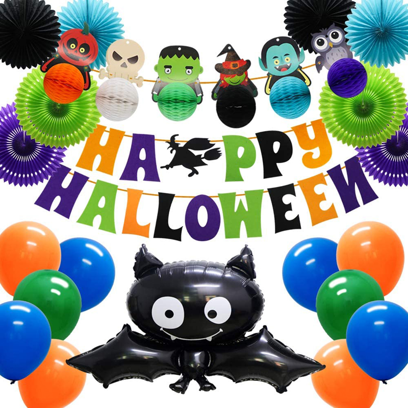 Halloween Kids Party Decorations Supplies Kit Happy Halloween Banner Bat Foil Balloon Paper Fans