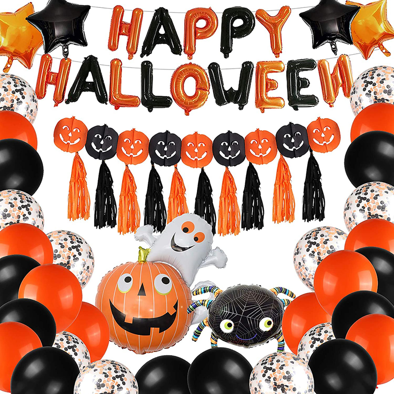 Happy Halloween Party Balloons Banner Decoration Kit with Ghost Pumpkin Spider Tassel