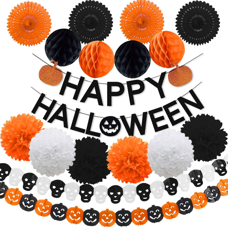 Happy Halloween Theme Party Decorations Kit Orange Pumpkin Banner Black Glittery All-in-One Pack