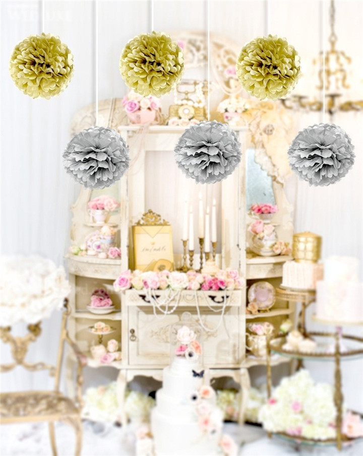 tissue-paper-pom-poms-gold-silver-decorations