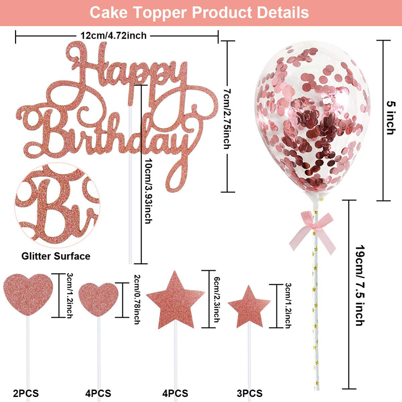 Rose Gold Glitter Script Happy Birthday Balloon Cake Topper Set – Partillc