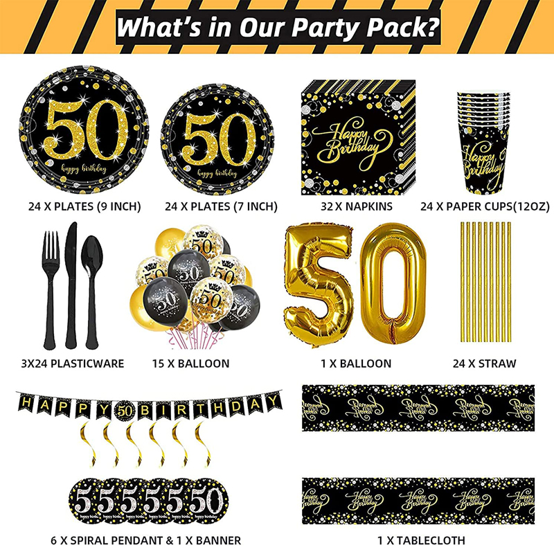 Black-and-Gold-Birthday-Party-Supplies-50th-Party-Decorations-Pack