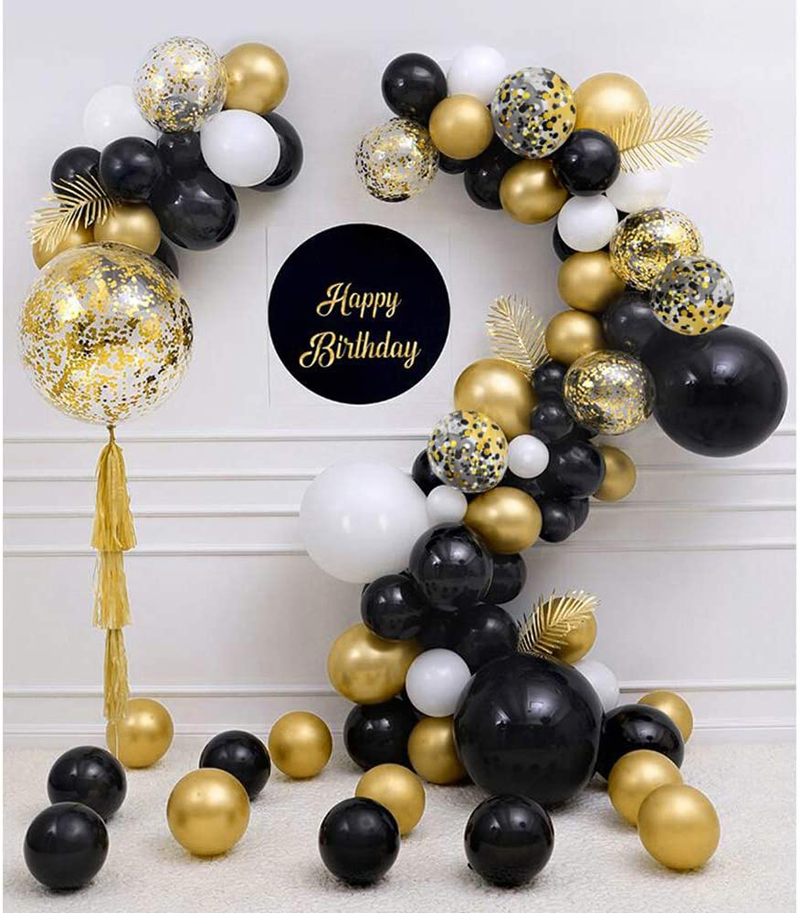Gold-White-and-Black-Confetti-Balloons-with-Ribbons-Birthday