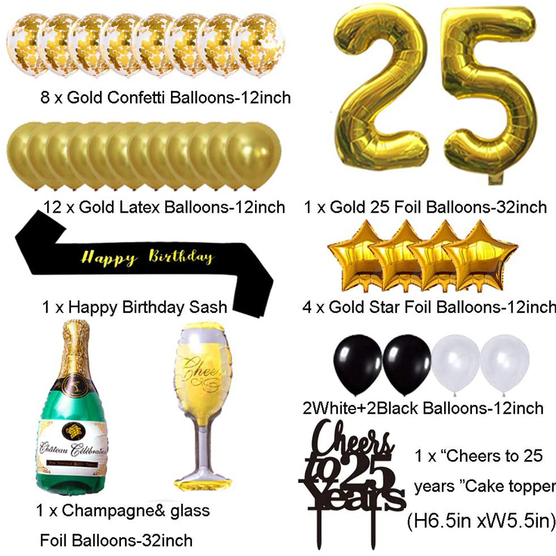 25th-Birthday-Decorations-Kit-Banner-Balloons-Cake-Topper-Gold