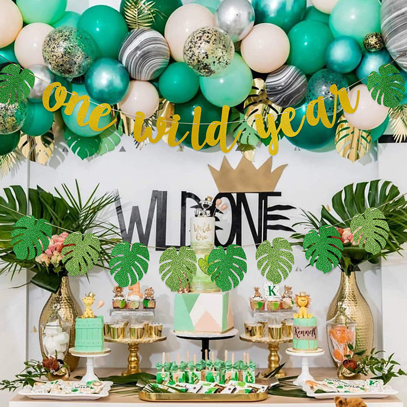 Luau-Hawaiian-Theme-1st-Birthday-Party-Decorations-Wild-Year-Banner-Tropical-Palm-Leaves-Banner