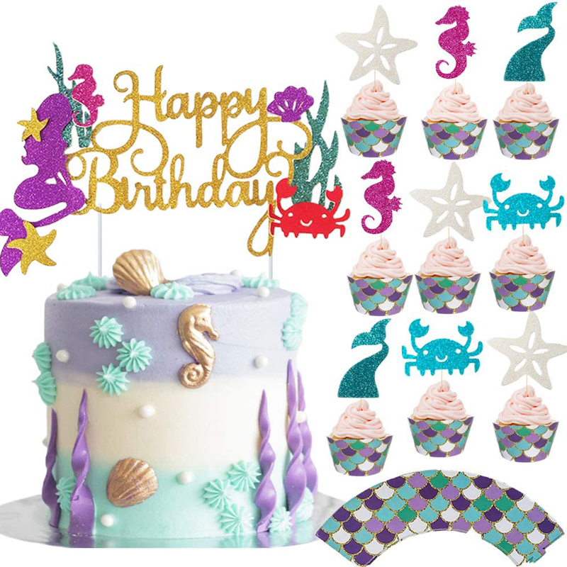 Mermaid Cupcake Toppers and Decorations Including toppers and Wrappers for Birthday Party or Baby Shower Complete Decorating Kit 