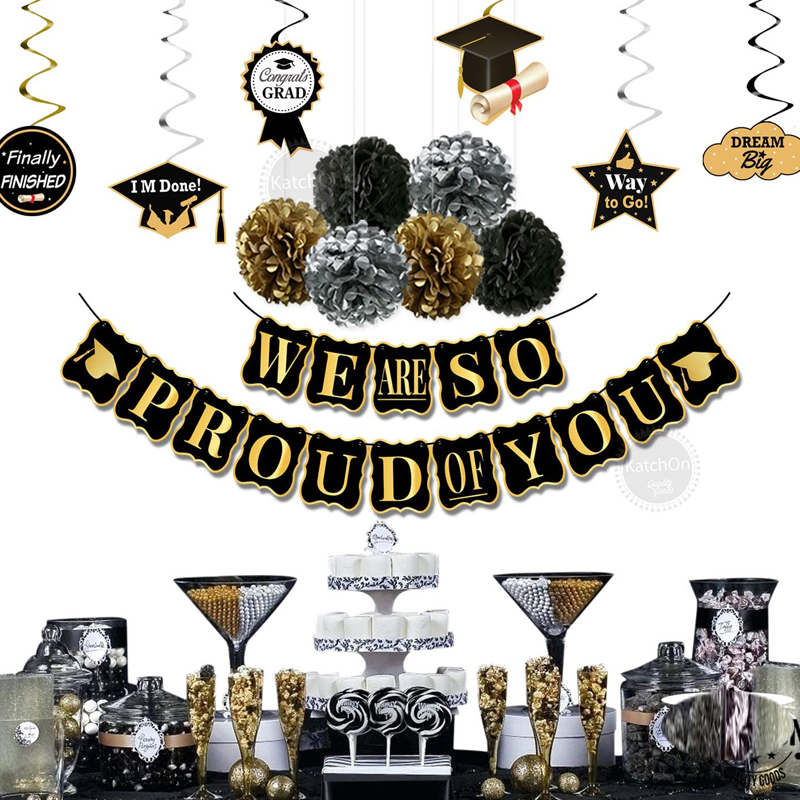 2021-Graduation-Party-Supplies-Kit-Black-Gold-Pompoms-Hanging-Swirls