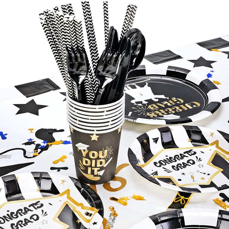 Black-Gold-Graduation-Party-Bundle-Includes-Plates-Napkins-Cups-Cutlery-Strawsv-for-Graduation-Party