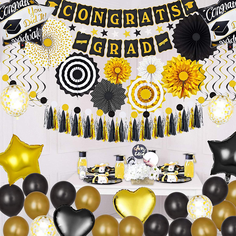 Graduation-Decorations-Party-Supplies-Set-Congrats-Grad-Banner-Black-and-Gold-Grad-Theme-Party