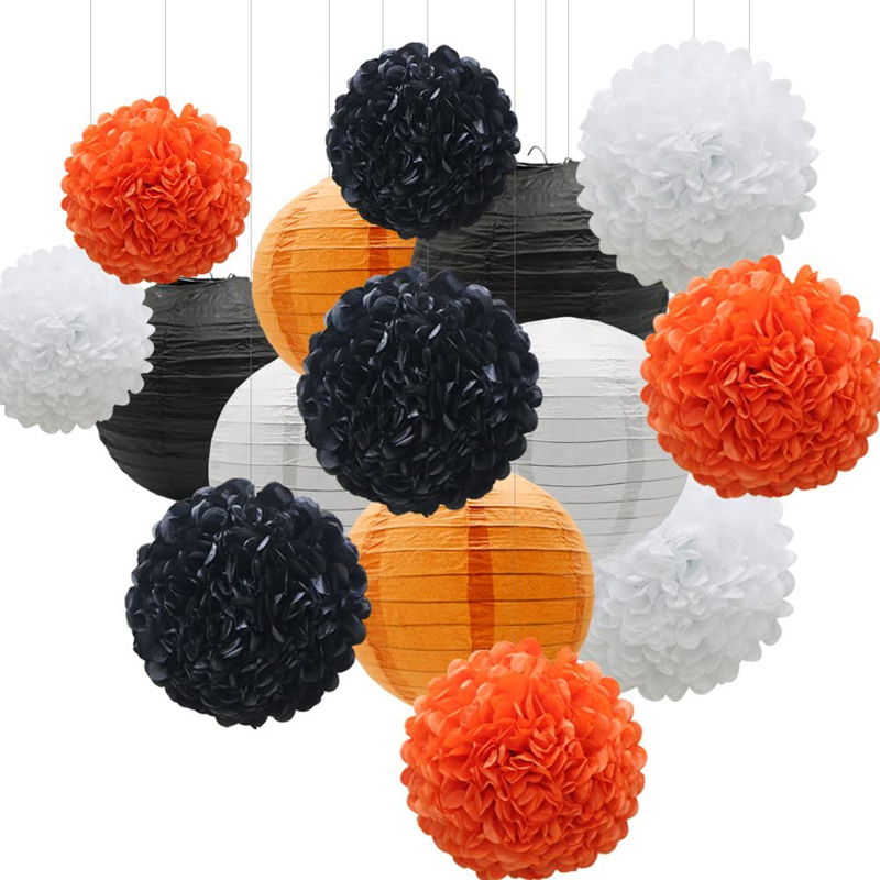 Hanging-Party-Decorations-Set-Orange-Black-White-Paper-Flowers-Pom-Poms