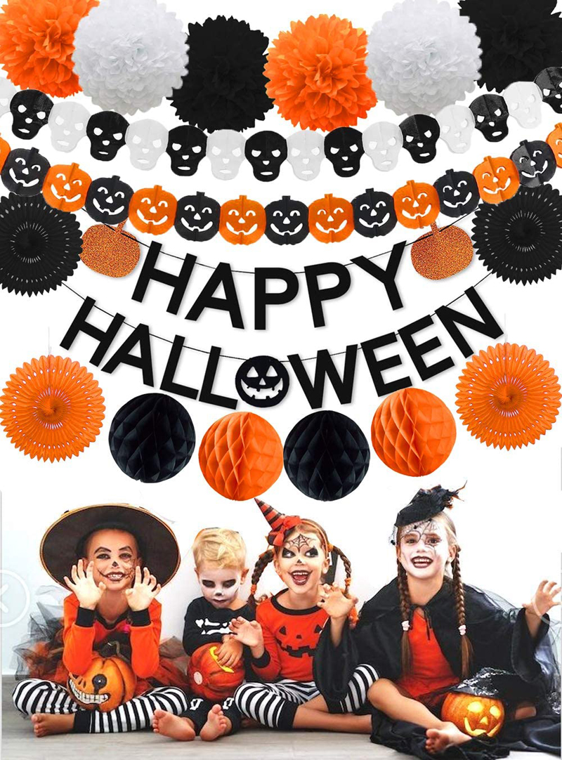 Happy-Halloween-Theme-Party-Decorations-Orange-Pumpkin-Banner-Black-Glittery