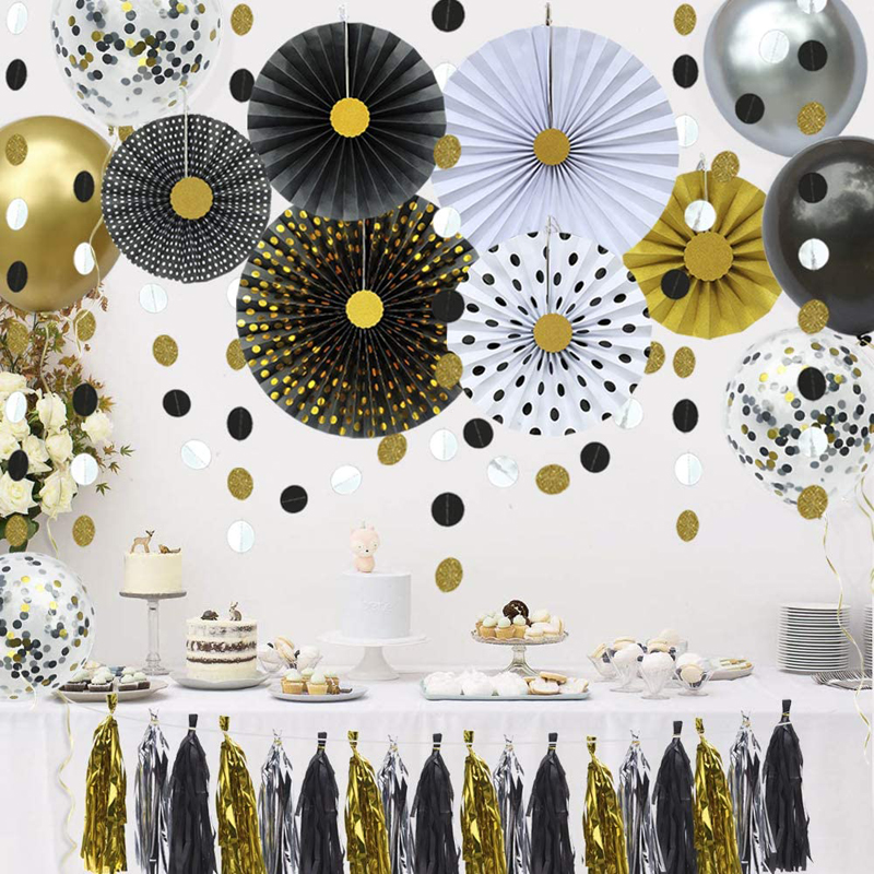 Black-Gold-Party-Decorations-Hanging-Paper-Fans-Decor-Wholesale