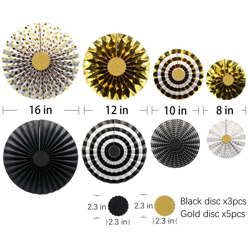 Hanging-Paper-Fans-Wedding-Decorations-Gold-and-Black-Color-Size