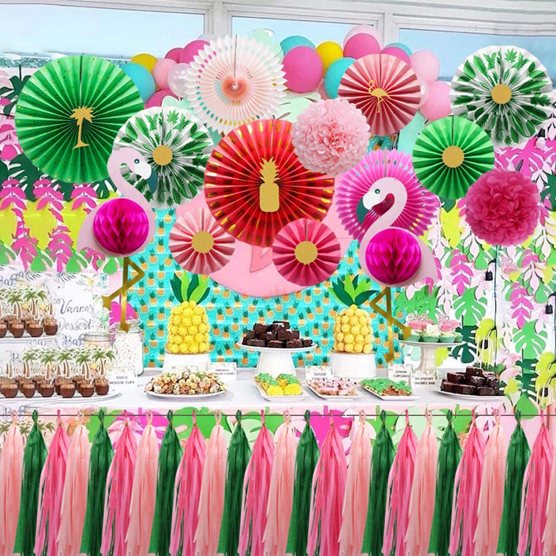Tropical-Flamingo-Pink-Honeycomb-Balls-Hanging-Paper-Fans-Birthday-Parties