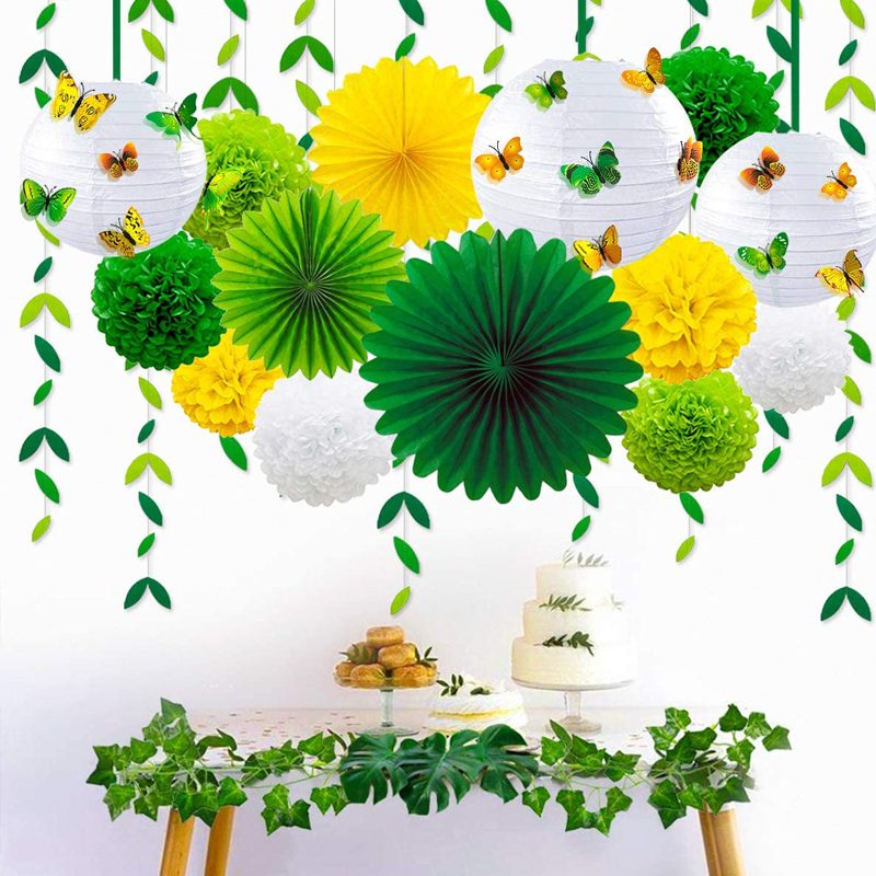 Yellow-Green-Party-Decoration-Kit-Hanging-Paper-Fans-Set