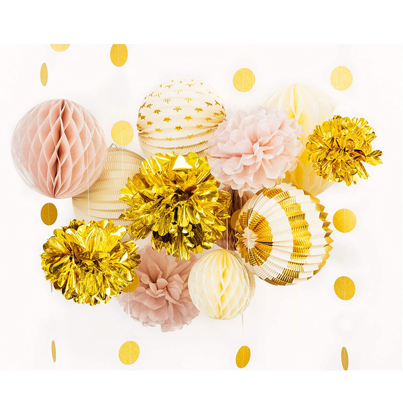 Paper-Decoration-Set-Pom-Pom-Honeycomb-and-Lanterns-Gold-Pink