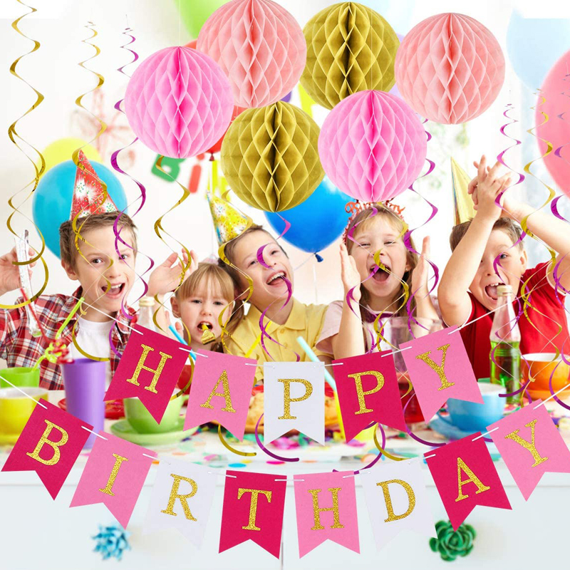 Rose-Pink-Happy-Birthday-Banner-Hanging-Swirl-Streamers-Honeycomb-Kit