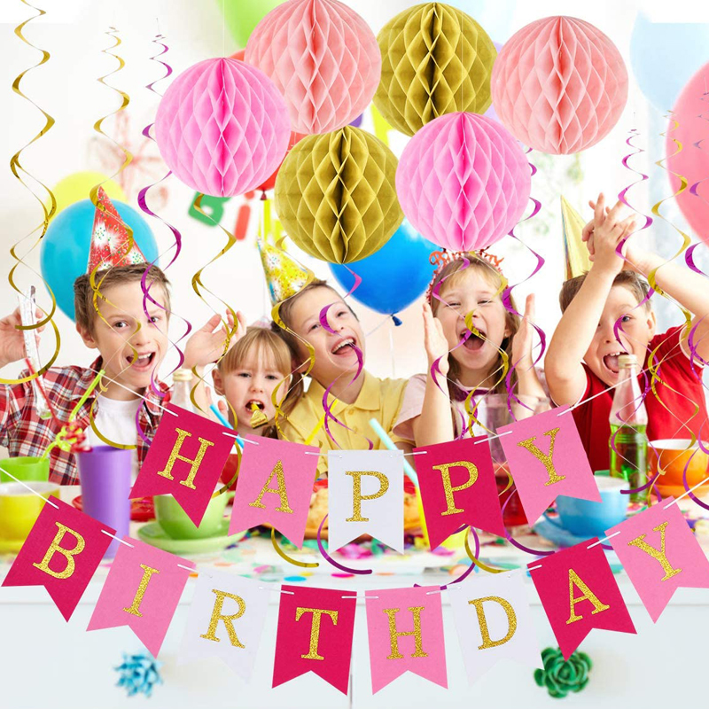 Rose-Pink-Happy-Birthday-Banner-Hanging-Swirl-Streamers-Honeycomb-Kit