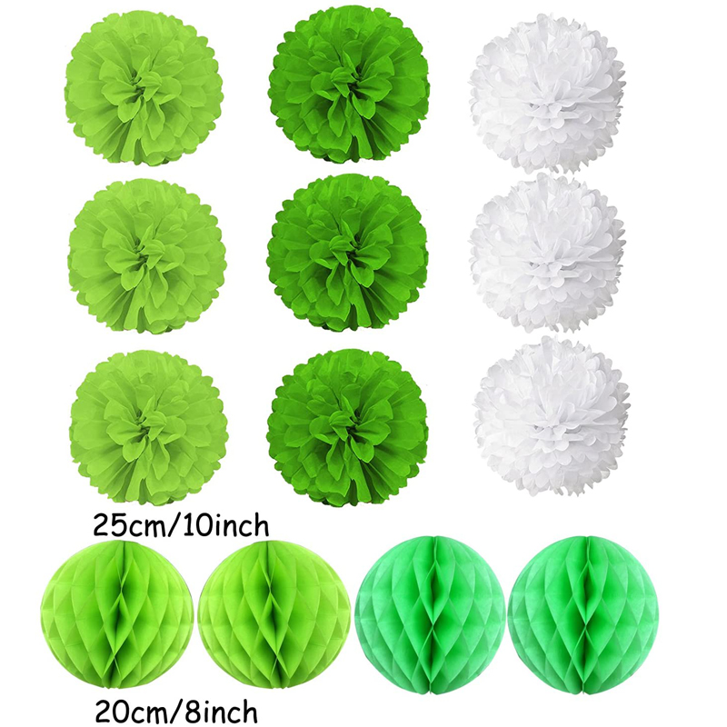 Tissue-Paper-Pom-Poms-Flower-Fan-and-Green-Honeycomb-Balls