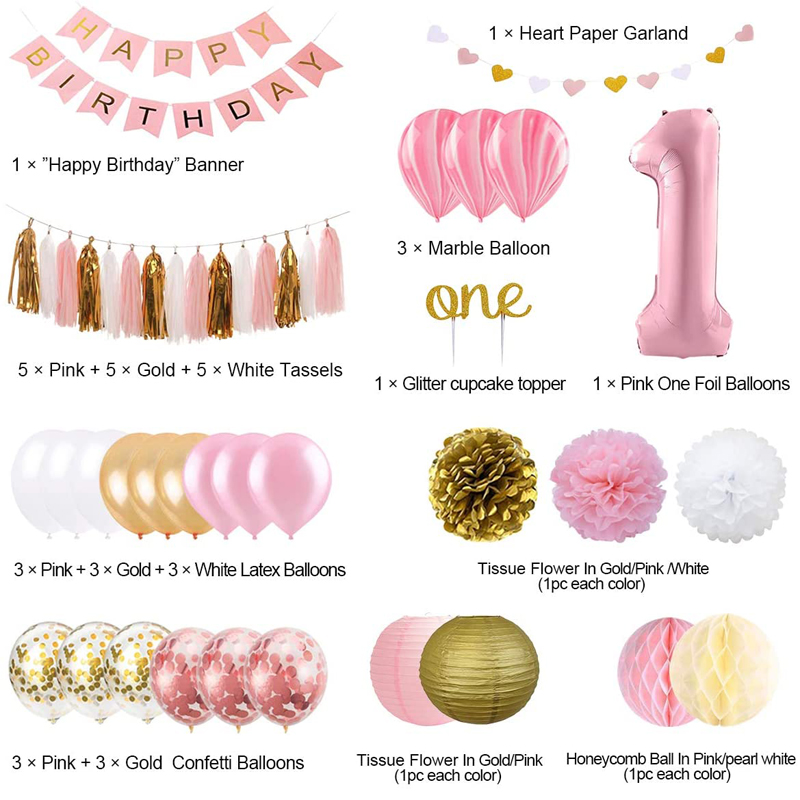 Girls-1st-Birthday-Decoration-Pink-Gold-Party-Supplies-Kit
