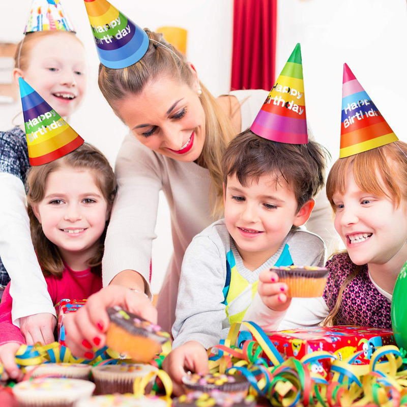 Rainbow-Birthday-Party-Cone-Hats-with-Colorful-Happy-Birthday-Banner-for-Kids-Birthday-Parties