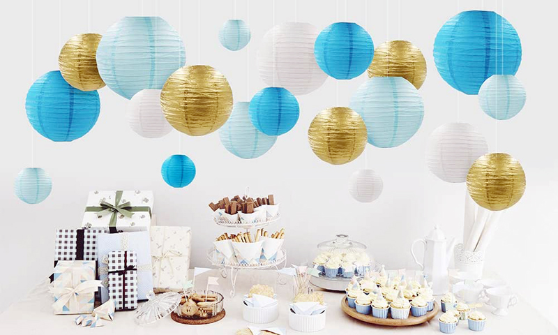 Decorative-Party-Paper-Lanterns-Blue-Metallic-Gold-White-Round-Hanging-Decorations